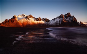 Islândia, Stokksnes, montanha, mar, pôr do sol