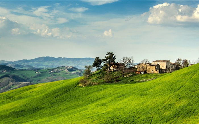 Itália, inclinação, grama, casa, árvores, nuvens Papéis de Parede, imagem