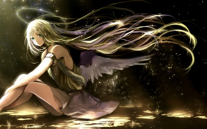 cabelos longos menina do anime, asas, anjo, halo de luz Papéis de Parede, imagem