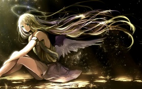 cabelos longos menina do anime, asas, anjo, halo de luz HD Papéis de Parede