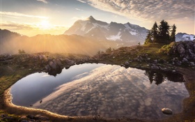 Montanhas, lagoa, reflexão da água, alvorecer, nascer do sol HD Papéis de Parede