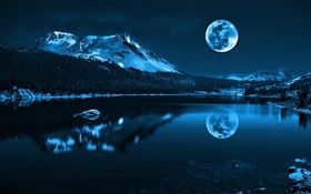 Noite, lua, lago, montanhas, reflexão, pedras