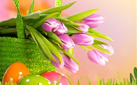 tulipas roxas, flores, cesta, Páscoa, Primavera