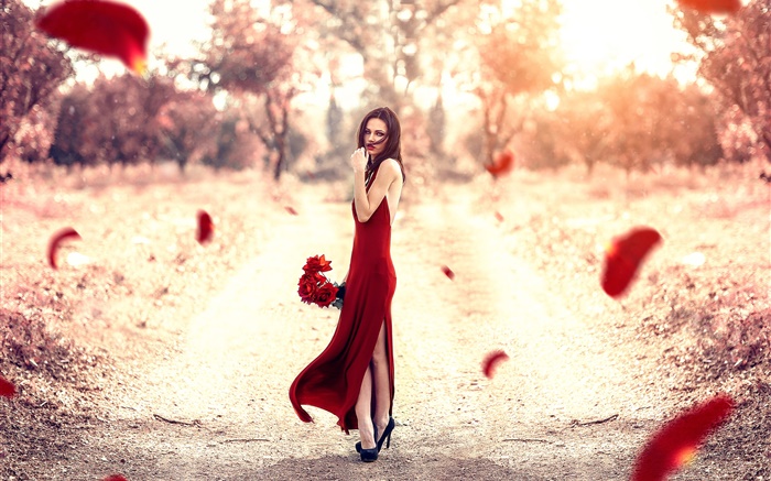 vestido da menina de vermelho, pétalas de rosa, sol Papéis de Parede, imagem