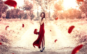vestido da menina de vermelho, pétalas de rosa, sol HD Papéis de Parede