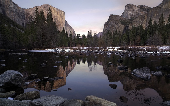 Parque de Yosemite, vale, montanhas, lago, árvores, pedras Papéis de Parede, imagem