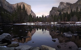 Parque de Yosemite, vale, montanhas, lago, árvores, pedras