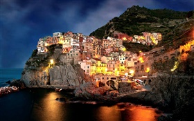 Amalfi, Itália, noite, costa, cidade, rochas, casa, luzes, barcos