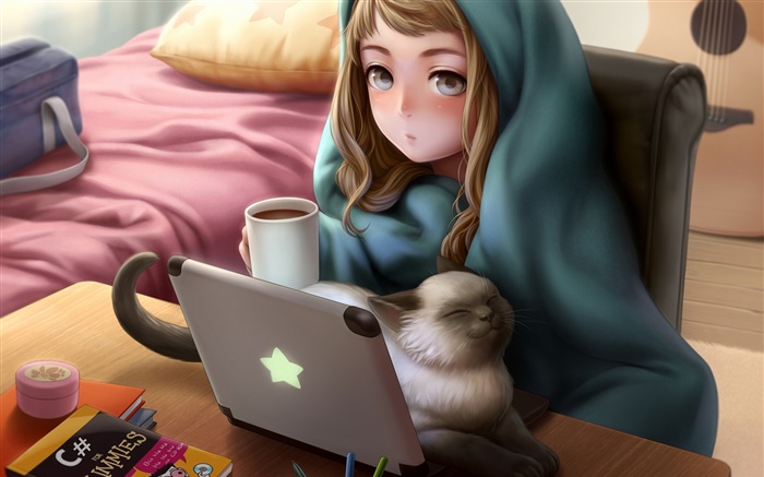 Anime uso da menina laptop, sala, gato, chá Papéis de Parede, imagem