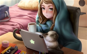 Anime uso da menina laptop, sala, gato, chá