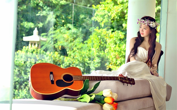 música menina asiático, vestido branco, guitarra, tulipas Papéis de Parede, imagem