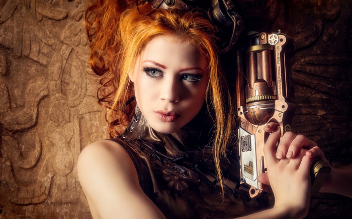 menina, arma, estilo steampunk loura bonita Papéis de Parede, imagem