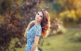 Mulher bonita, vestido azul, bokeh HD Papéis de Parede