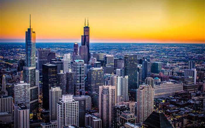 Chicago, Illinois, EUA, cidade, crepúsculo, arranha-céus, por do sol Papéis de Parede, imagem