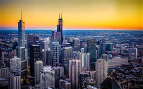 Chicago, Illinois, EUA, cidade, crepúsculo, arranha-céus, por do sol HD Papéis de Parede