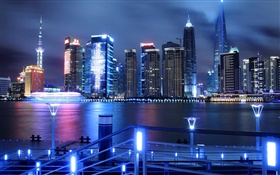 China, Shanghai, cidade da noite, arranha-céus, luzes, rio
