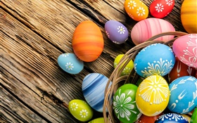 ovos de Páscoa, colorido, placa de madeira, cesta HD Papéis de Parede