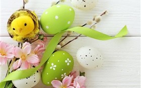 Páscoa, a decoração do feriado, ovos, galhos de salgueiro, flores, primavera HD Papéis de Parede