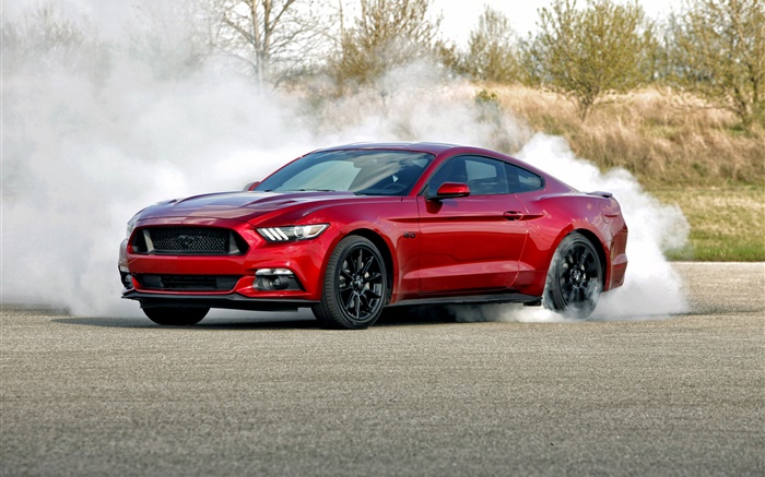 Ford Mustang cor vermelha carro, fumaça Papéis de Parede, imagem