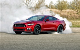 Ford Mustang cor vermelha carro, fumaça HD Papéis de Parede