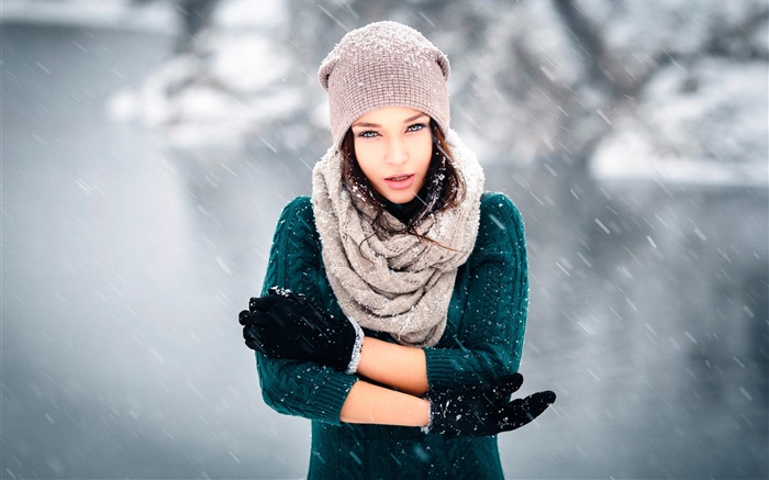 Menina no inverno frio, neve, vento, luvas, chapéu Papéis de Parede, imagem