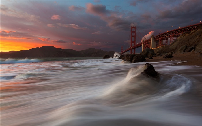 Golden Gate Bridge, Marshall Praia, mar, EUA, San Francisco, noite, nuvens Papéis de Parede, imagem