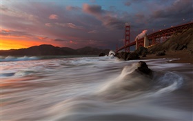 Golden Gate Bridge, Marshall Praia, mar, EUA, San Francisco, noite, nuvens