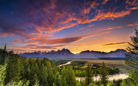 Grand Teton National Park, EUA, montanhas, rio, árvores, nuvens, pôr do sol