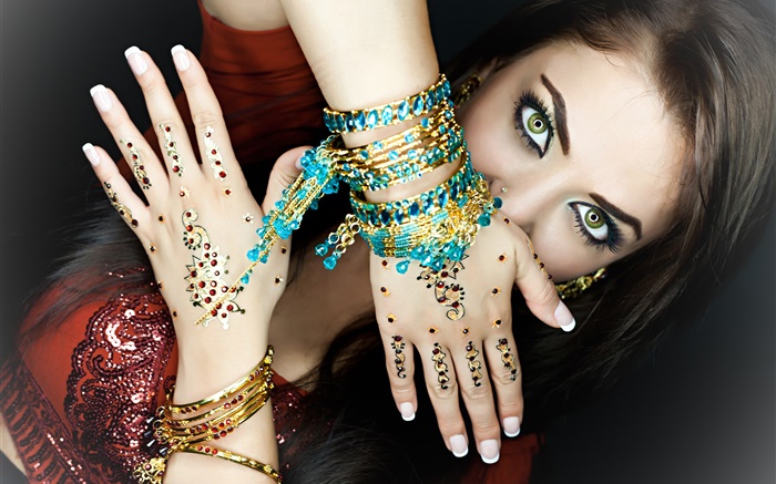 Menina verde olhos, maquiagem, mãos, jóias, Indiana Papéis de Parede, imagem