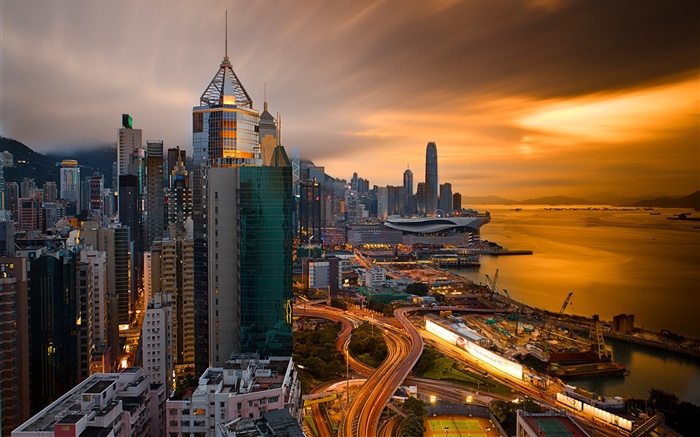 Hong Kong, China, cidade da noite, porto, céu, construções, noite Papéis de Parede, imagem