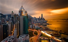 Hong Kong, China, cidade da noite, porto, céu, construções, noite