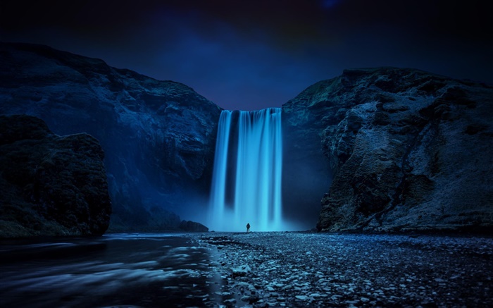 Islândia, rochas, cachoeira, noite Papéis de Parede, imagem