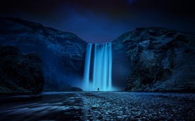 Islândia, rochas, cachoeira, noite