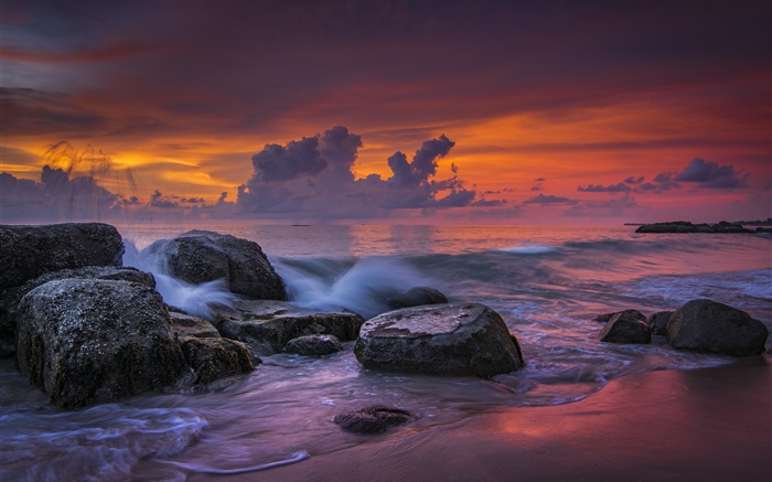 Khao Lak Beach, na Tailândia, mar, pôr do sol, pedras Papéis de Parede, imagem