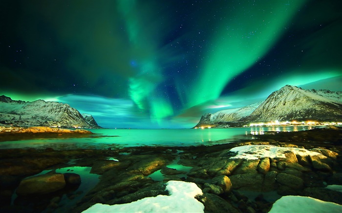 Lofoten Islands, Noruega, luzes do norte, montanhas, mar, pedras, noite Papéis de Parede, imagem