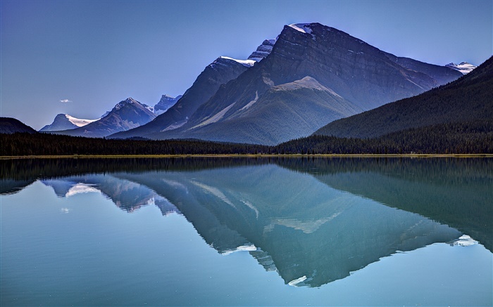 Montanhas, lago, floresta, água reflexão, céu Papéis de Parede, imagem
