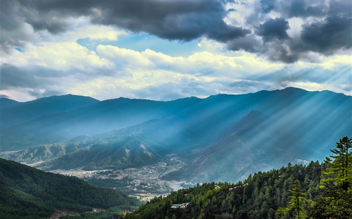 Montanhas, vale, céu, nuvens, raios de sol Papéis de Parede, imagem