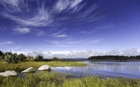 Nova Zelândia, lago, pedras, grama, céu azul, nuvens