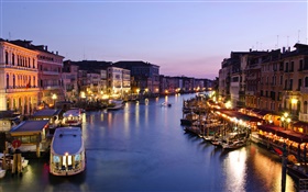 Noite, Veneza, Itália, canal, barcos, casas, luzes