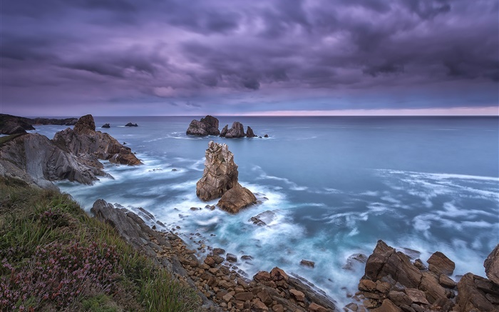 Norte de Espanha, Cantabria, costa, mar, rochas, nuvens, crepúsculo Papéis de Parede, imagem