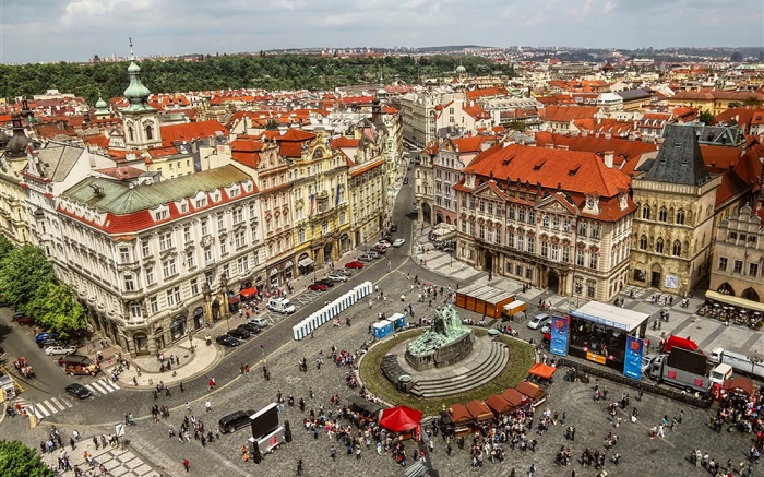 Praga, praça da cidade velha, cidade, casas, ruas, pessoas Papéis de Parede, imagem