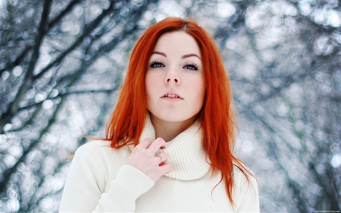 Menina bonita, cabelo vermelho, inverno, neve Papéis de Parede, imagem