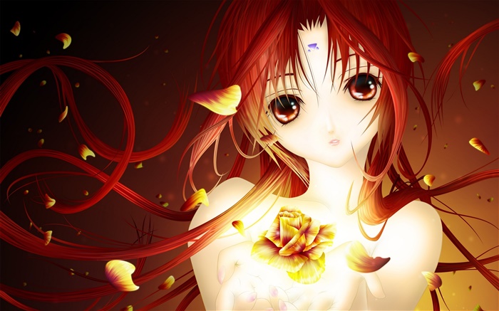 Red cabelo anime girl, pétalas de rosa Papéis de Parede, imagem