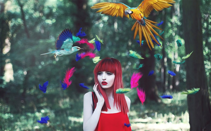 Menina vermelha do cabelo, penas coloridas, pássaros, imagens criativas Papéis de Parede, imagem