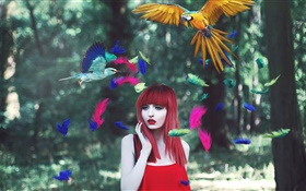 Menina vermelha do cabelo, penas coloridas, pássaros, imagens criativas HD Papéis de Parede