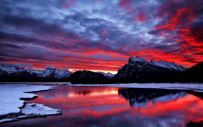 céu vermelho, nuvens, brilho, sol, montanha, lago, neve, inverno Papéis de Parede, imagem