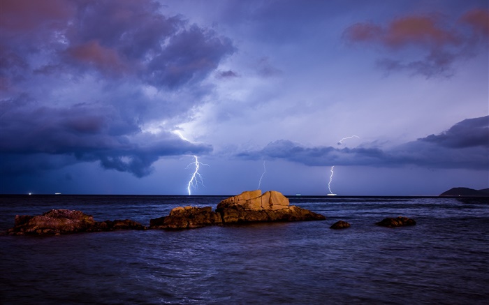 Mar, relâmpago, tempestade, pedras, noite, nuvens Papéis de Parede, imagem
