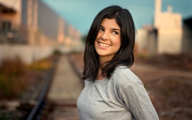 Sorriso menina, cabelo preto, ferroviária, bokeh