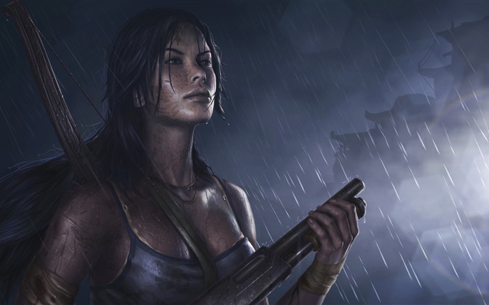 Tomb Raider, menina, espingarda, chuva Papéis de Parede, imagem