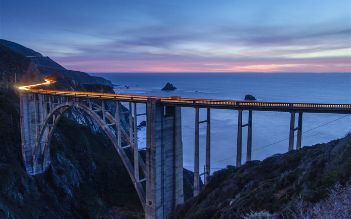 EUA, Califórnia, Monterey, ponte, baía, mar, montanhas, noite Papéis de Parede, imagem